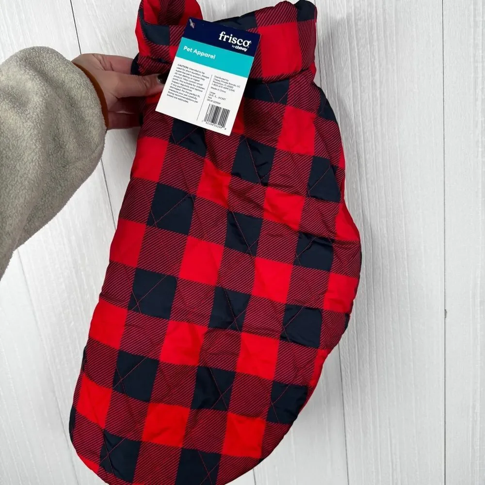 Frisco by Chewy Lightweight Quilted Dog Jacket in red and black buffalo plaid